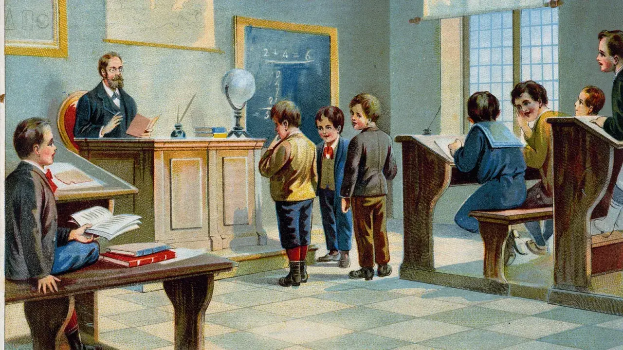 Lehrer unterrichtet Kinder in einem Klassenzimmer. Die Szene erinnert an eine Schule im Mittelalter, mit hölzernen Pulten und einer Tafel.