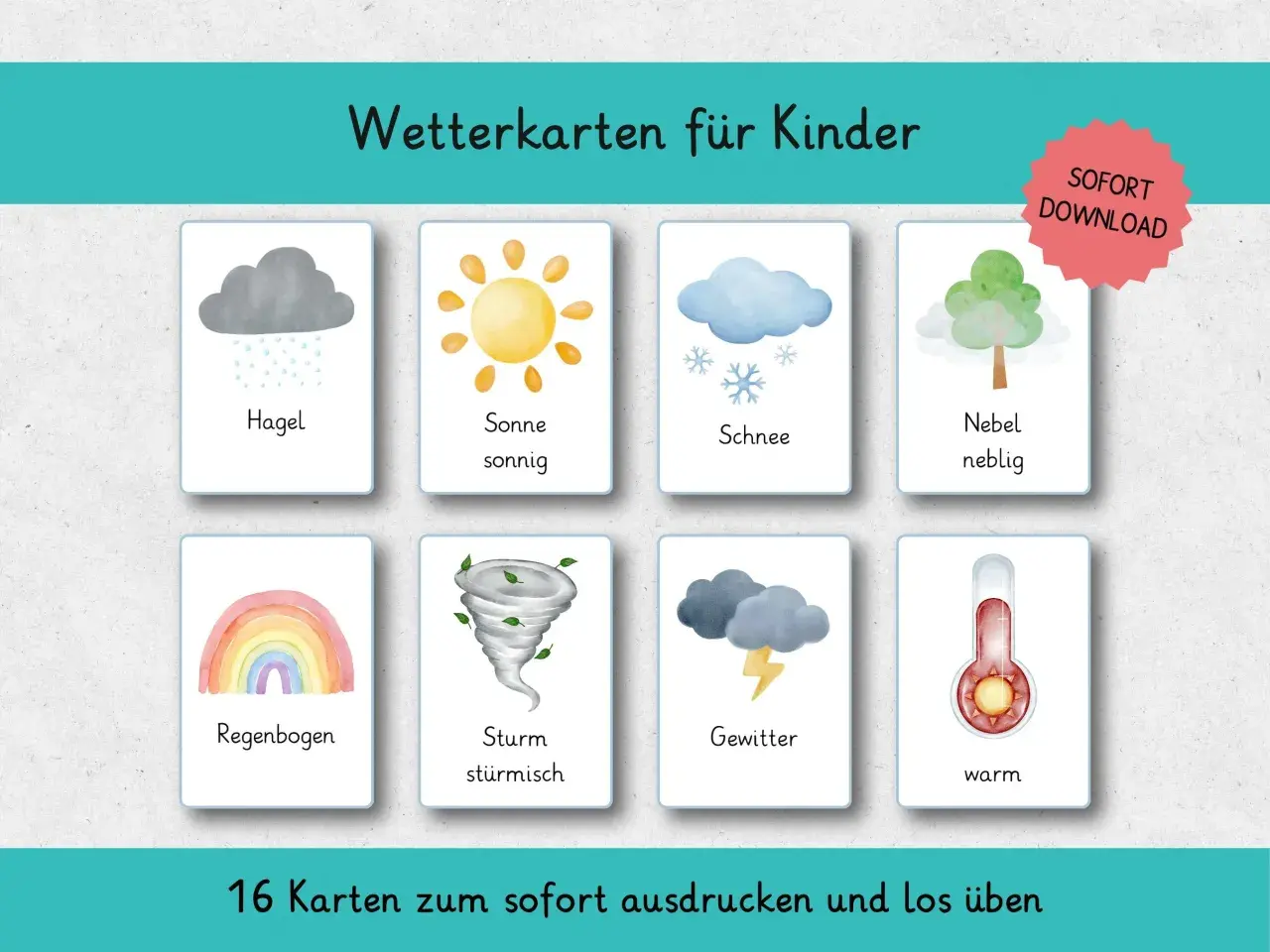 Acht Wetterkarten für Kinder: Hagel, Sonne, Schnee, Nebel, Regenbogen, Sturm, Gewitter, warm.