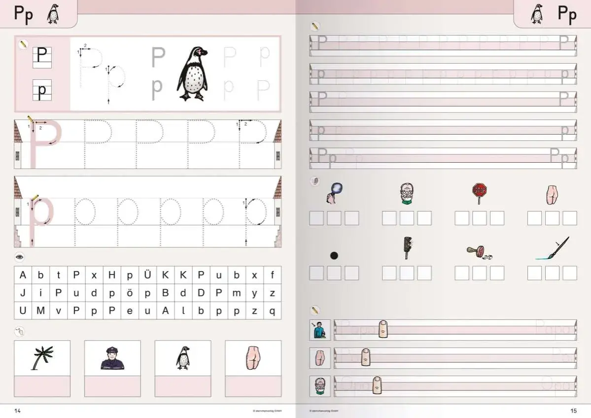Übungsblatt zum Schreiben von Groß- und Kleinbuchstaben P. Mit Pinguin-Illustration und Übungen zur Druckschrift.