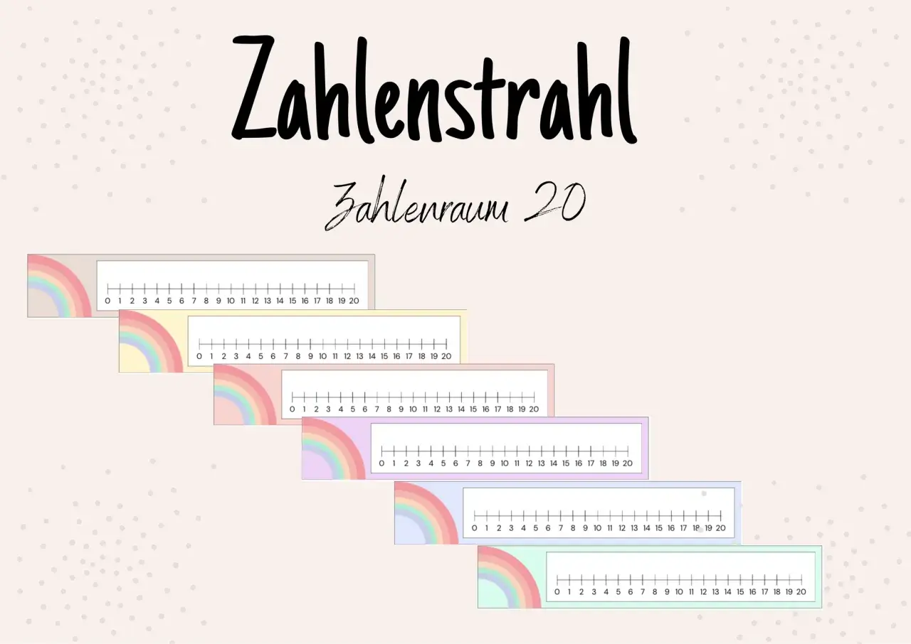 Bunte Zahlenstrahlen bis 20 zum Ausdrucken, ideal für den Zahlenraum 20.