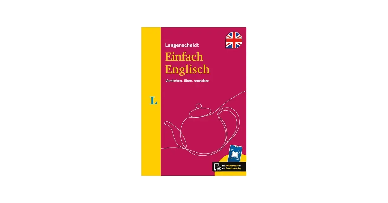 Langenscheidt "Einfach Englisch" Buch mit Teekannen-Illustration. In jeder Silbe steckt ein Lernziel.