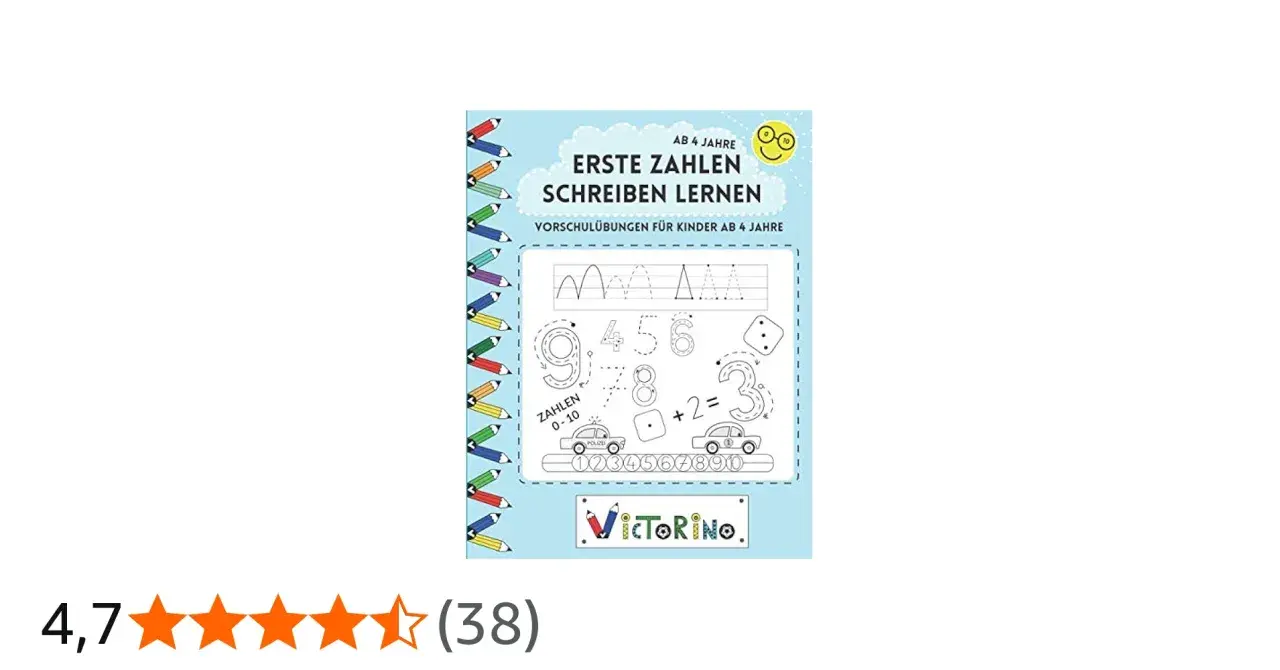 Übungsheft "Erste Zahlen schreiben lernen" für Kinder ab 4 Jahren. Enthält Zahlen von 0-10 zum Nachzeichnen, mit Autos und Würfeln.