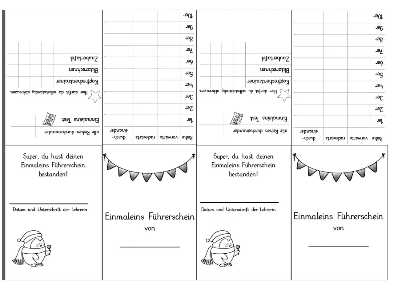 Arbeitsblatt für umkehraufgaben klasse 2 mit Einmaleins-Test, Kopfrechentrainer und Zaubertafel. Kinder können ihre Fortschritte abhaken.