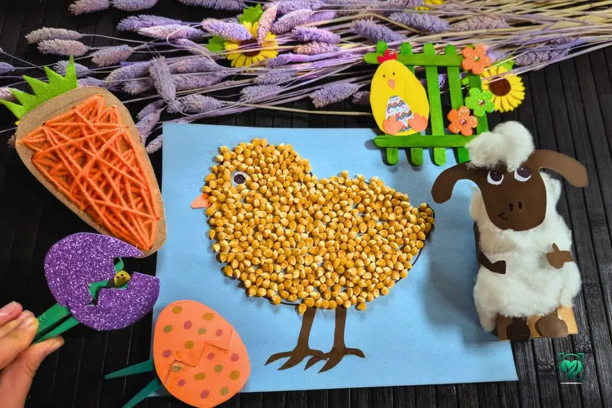 Bunte Osterbastelarbeiten für Kinder: Ein Küken aus Körnern, ein Schaf, Karotte und Ostereier. Schnell und einfach gemacht!