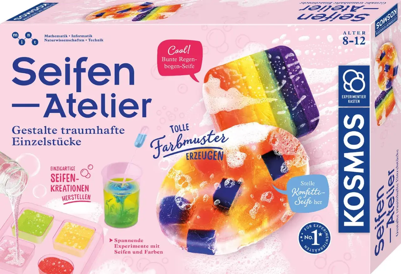 Seifen-Atelier: Kinder können hier bunte Seifen kreieren und tolle Farbmuster erzeugen. Ein spannendes Experimentierset zum Seife selber machen.