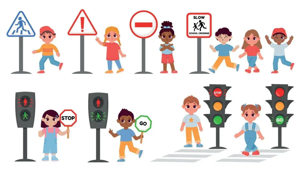 Kinder lernen Verkehrsregeln: Fu&szlig;g&auml;ngerampeln, Stoppschilder und ein 