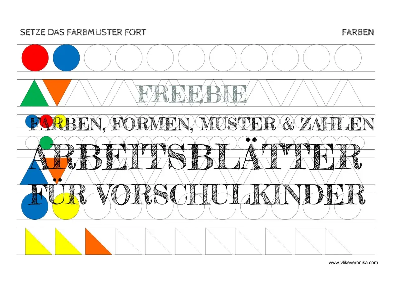 Arbeitsbl&auml;tter f&uuml;r Vorschulkinder: bunte Formen und Muster zum Fortsetzen. Ideal f&uuml;r Einschulungstest Aufgaben.