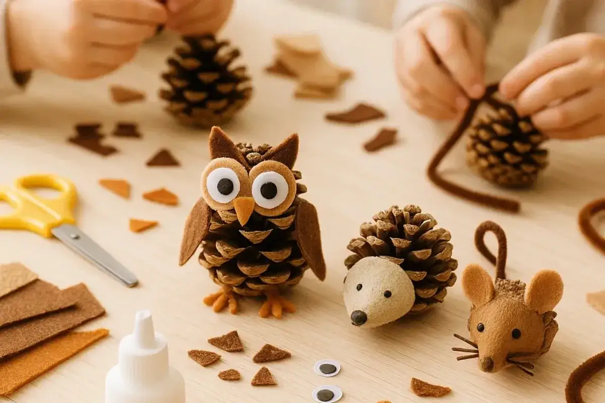 Kinder basteln mit Tannenzapfen: Ein s&uuml;&szlig;er Eulen-, Igel- und M&auml;use-Anh&auml;nger entsteht. Schere, Filz und Kleber liegen bereit.