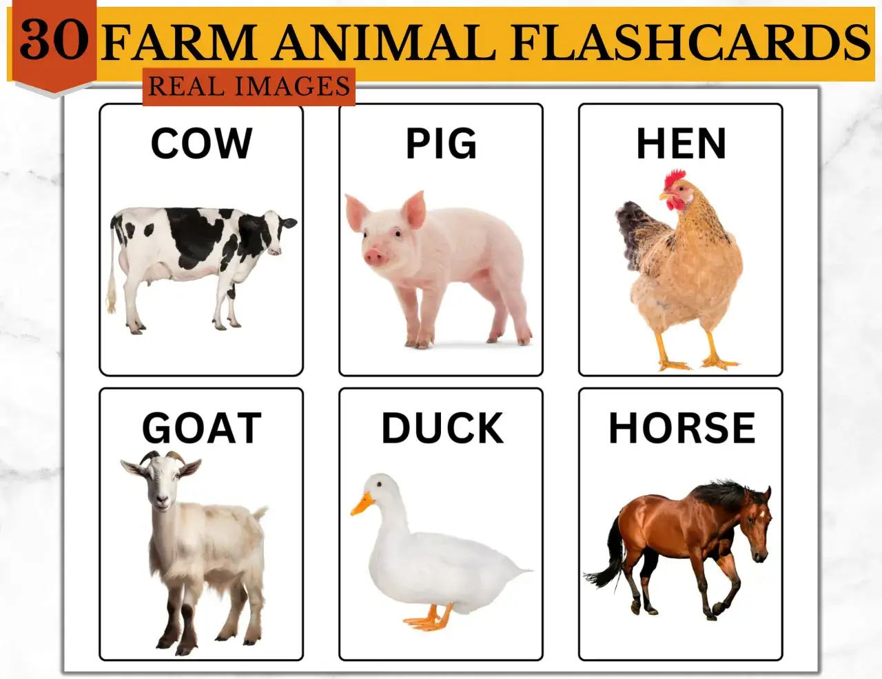Lernkarten mit Nutztieren für die Grundschule: Kuh, Schwein, Henne, Ziege, Ente und Pferd.