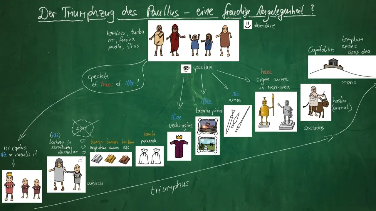Eine Tafel mit einem Flussdiagramm über den Triumphzug des Paullus. Perfekt für die Grundschule, um lateinische Begriffe und römische Kultur zu lernen.