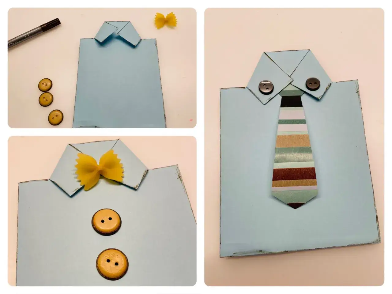 Bastelanleitung für ein Vatertagsgeschenk: Ein Hemd aus Papier mit Fliegenpilz-Fliege und Knöpfen.