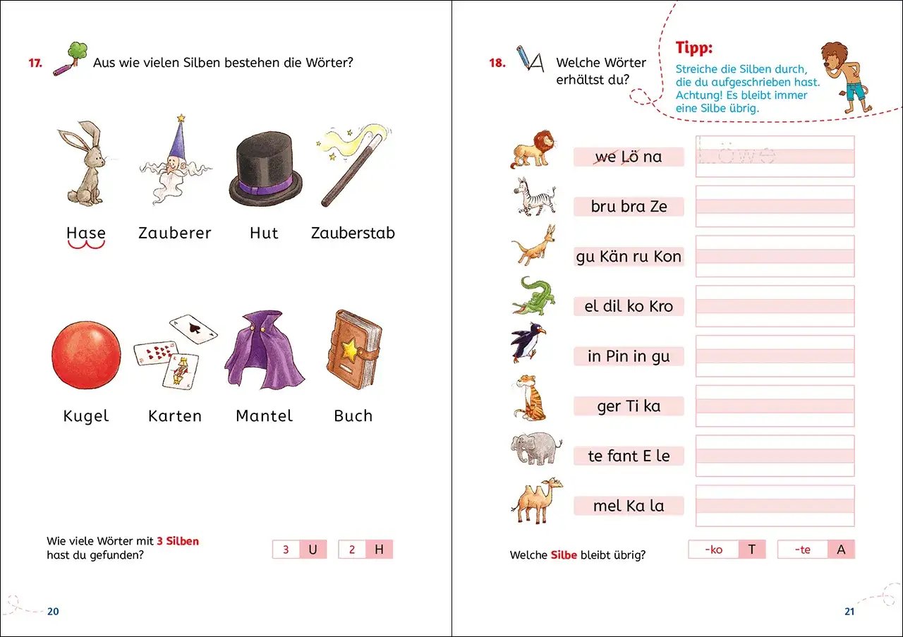 Was lernt man in der ersten Klasse? Silben zählen bei Bildern wie Hase, Zauberer, Hut, Zauberstab, Kugel, Karten, Mantel, Buch.
