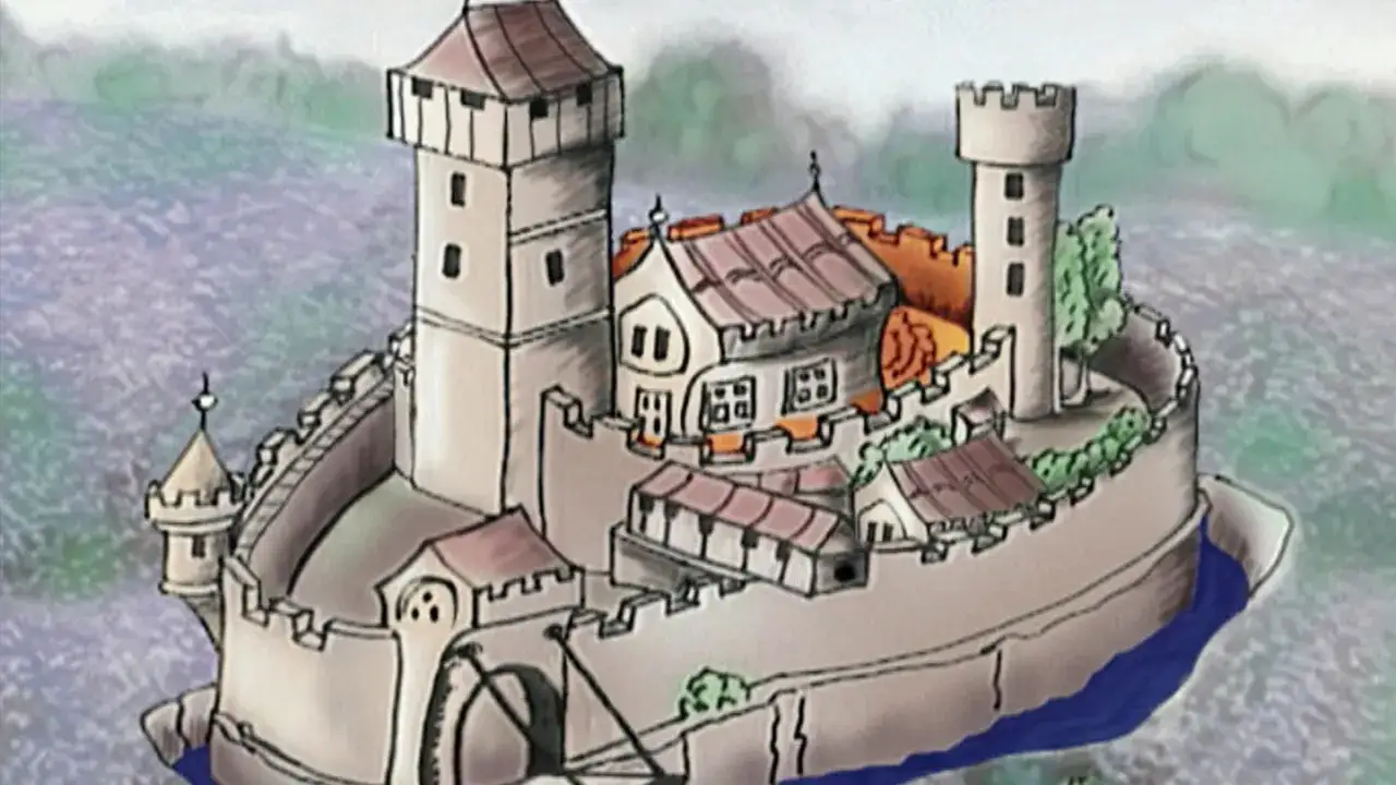 Eine mittelalterliche Burg mit T&uuml;rmen und Mauern, die auf dem Wasser schwimmt. Sie erinnert an eine Grundschule, die f&uuml;r ein Geschichtsprojekt gebaut wurde.