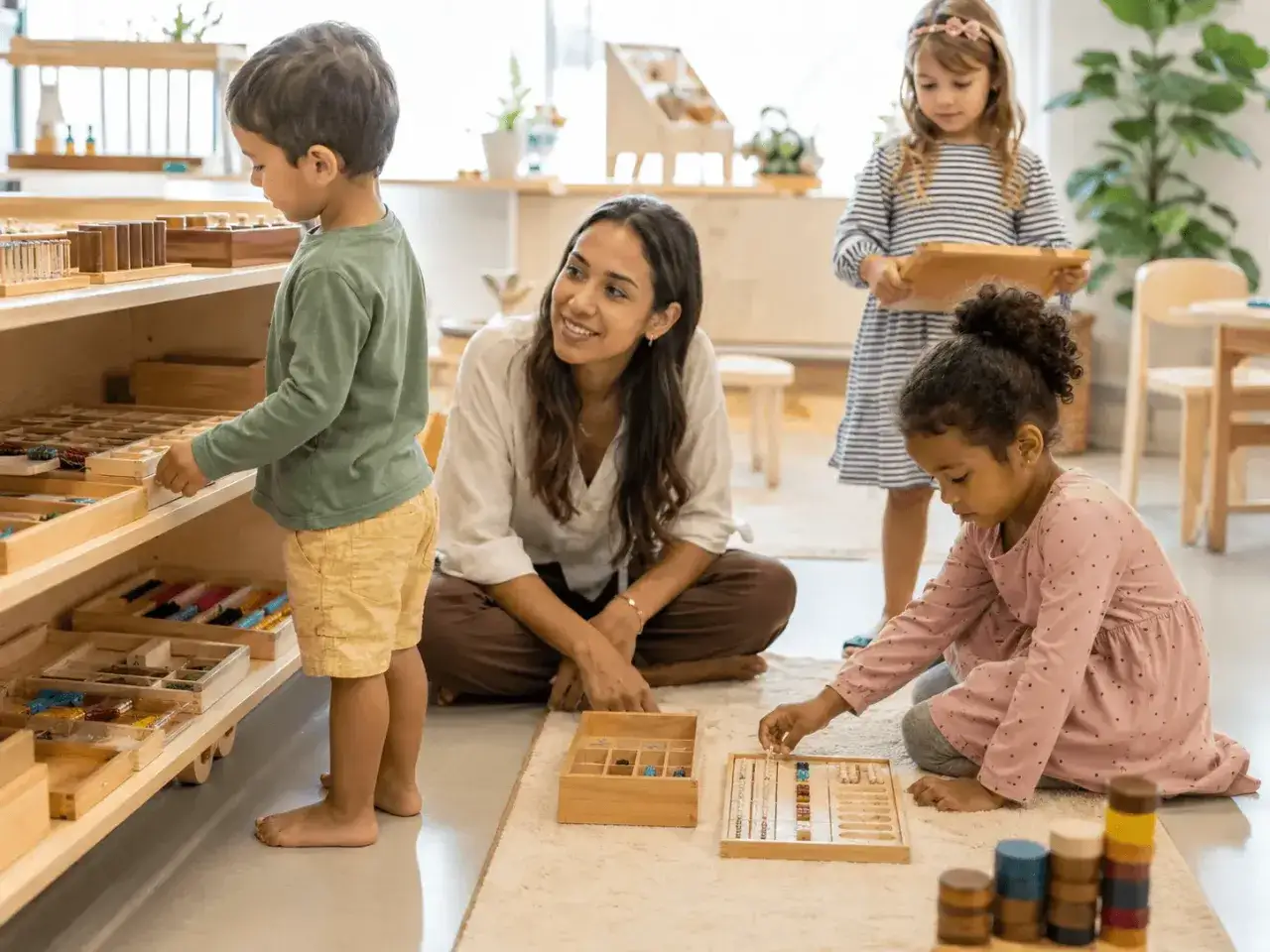 Kinder lernen im Montessori Kindergarten mit Holzmaterialien. Eine Lehrerin beobachtet sie aufmerksam.