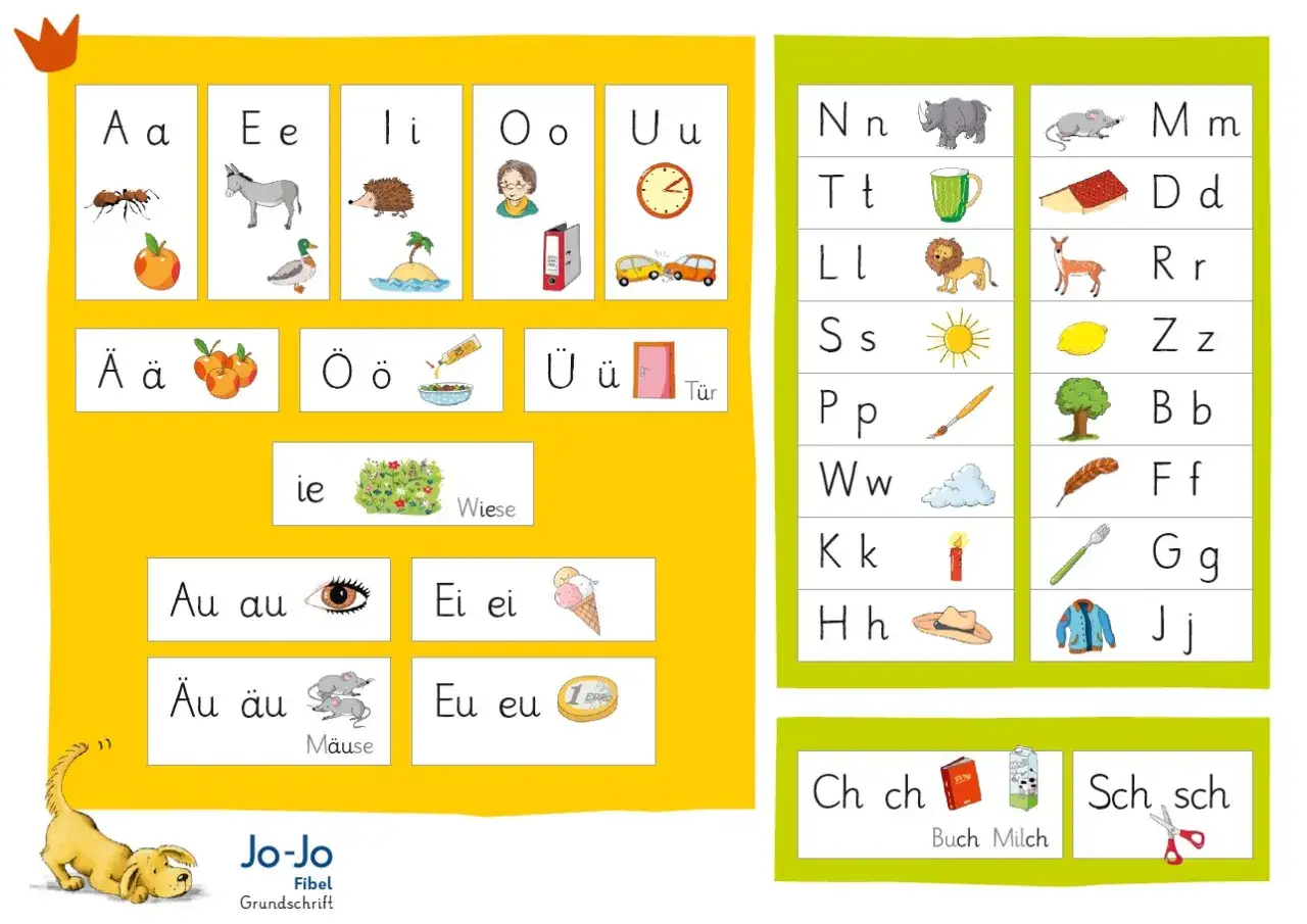 Deutsch lernen: Buchstaben und Laute mit Bildern. Hier wird das Lesen durch Schreiben ge&uuml;bt, von A wie Ameise bis Z wie Zitrone.
