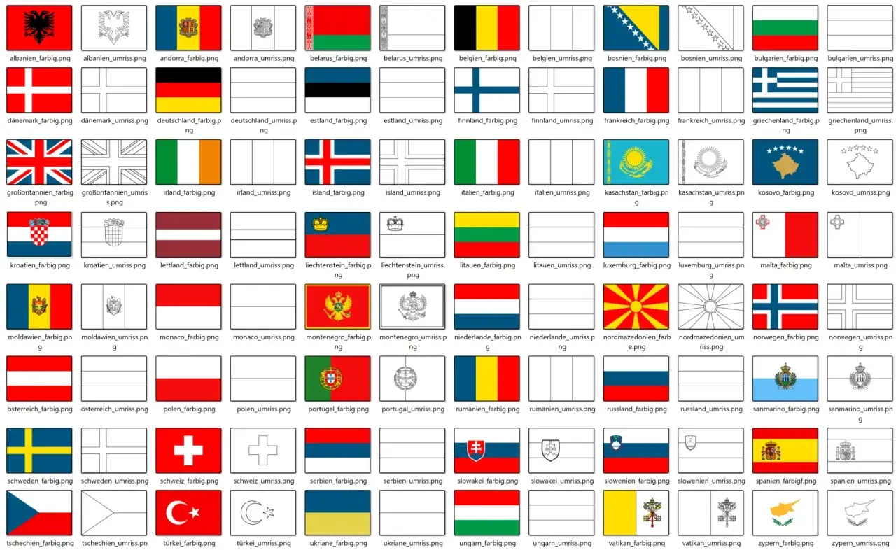 Europa Grundschule: Sammlung von Flaggen verschiedener europ&auml;ischer L&auml;nder, farbig und als Umriss.