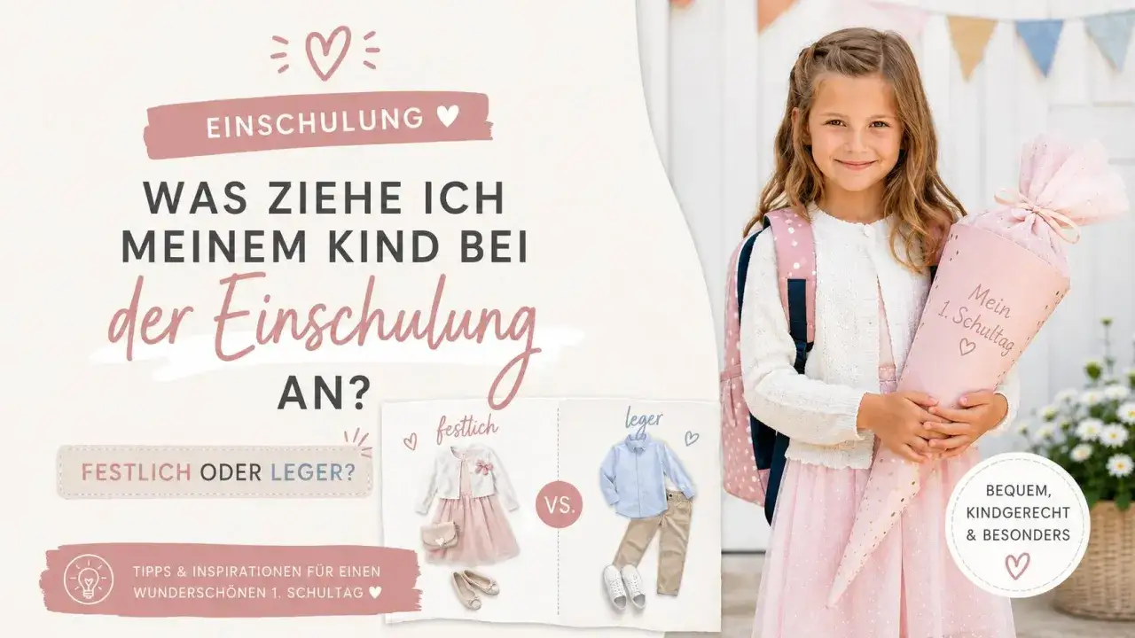 Was zieht man zur Einschulung an als Gast? Das Bild zeigt ein Mädchen mit Schultüte und gibt Tipps für festliche oder legere Outfits.