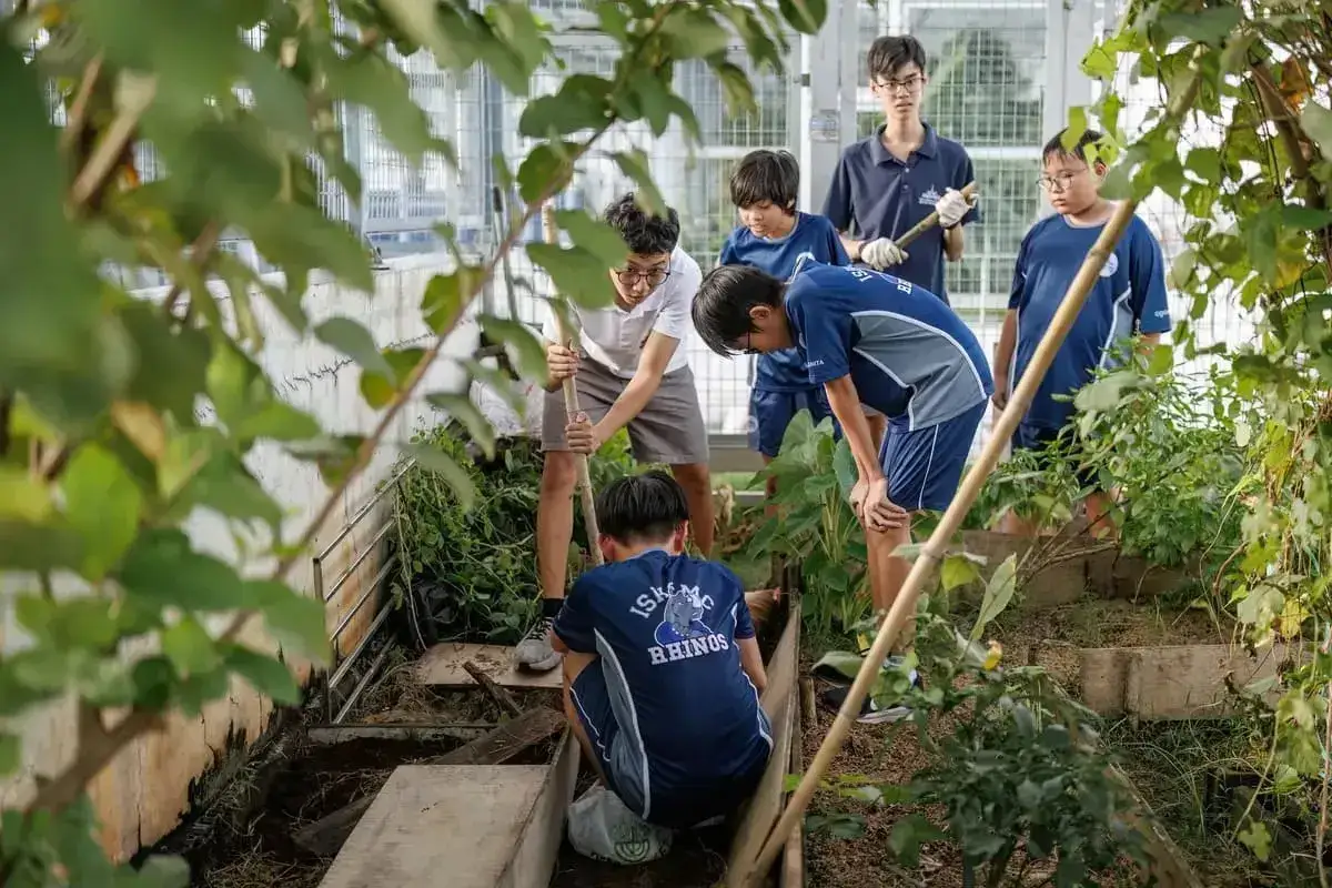 Jungen arbeiten in einem Gew&auml;chshaus an Nachhaltigkeitsprojekten mit Kindern. Sie graben und pflanzen, um die Umwelt zu sch&uuml;tzen.