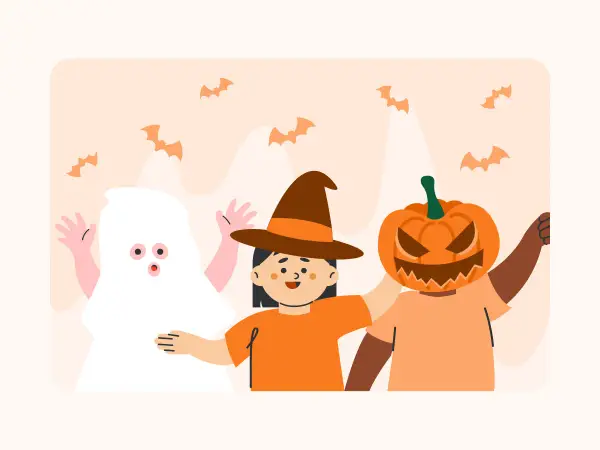 Kinder verkleidet als Geist, Hexe und Kürbis für Halloween basteln in der Kita. Fledermäuse fliegen.